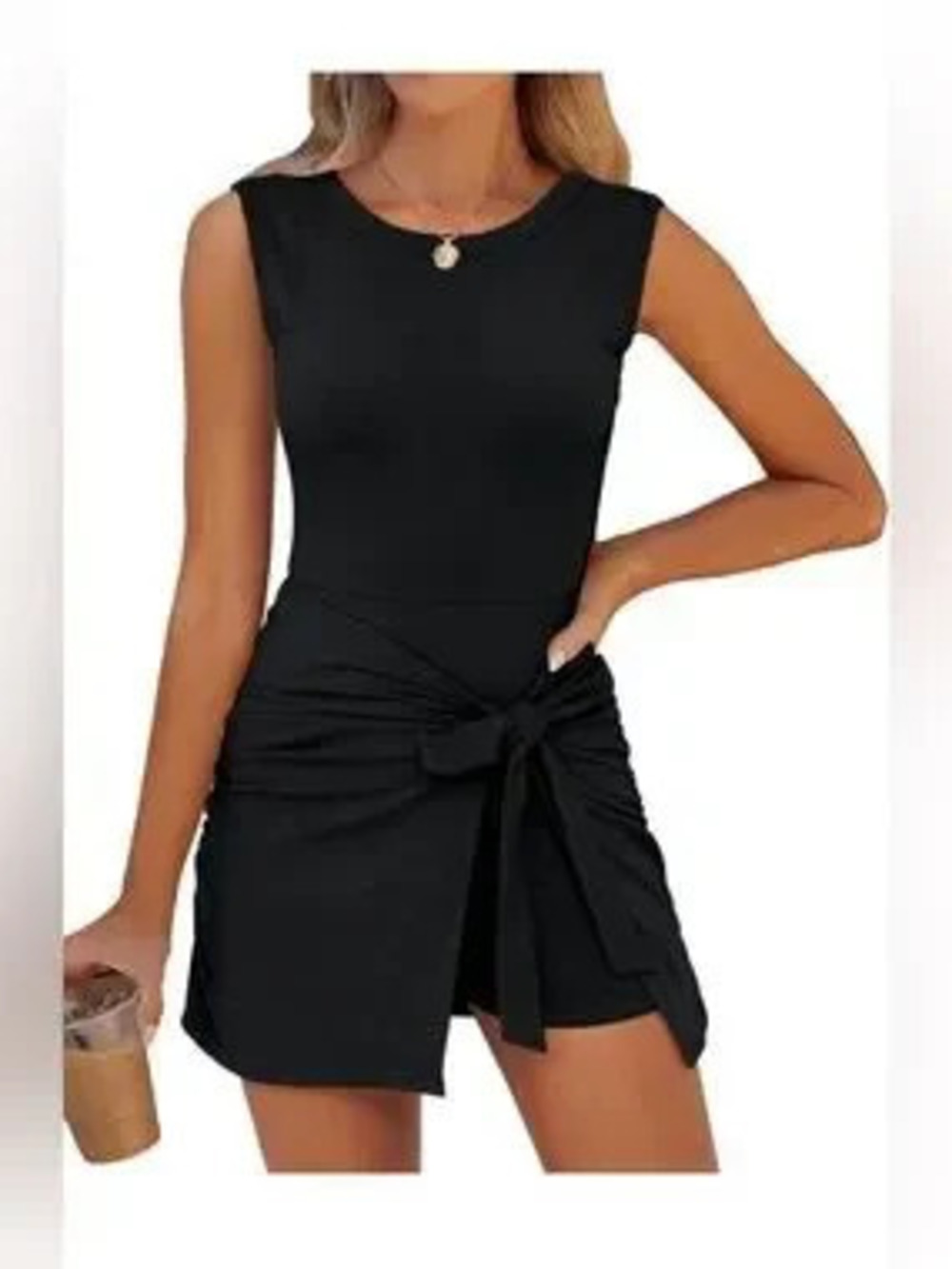 Bodycon Tie Cinched Waist Romper Skort Mini Dress Built in Shorts
